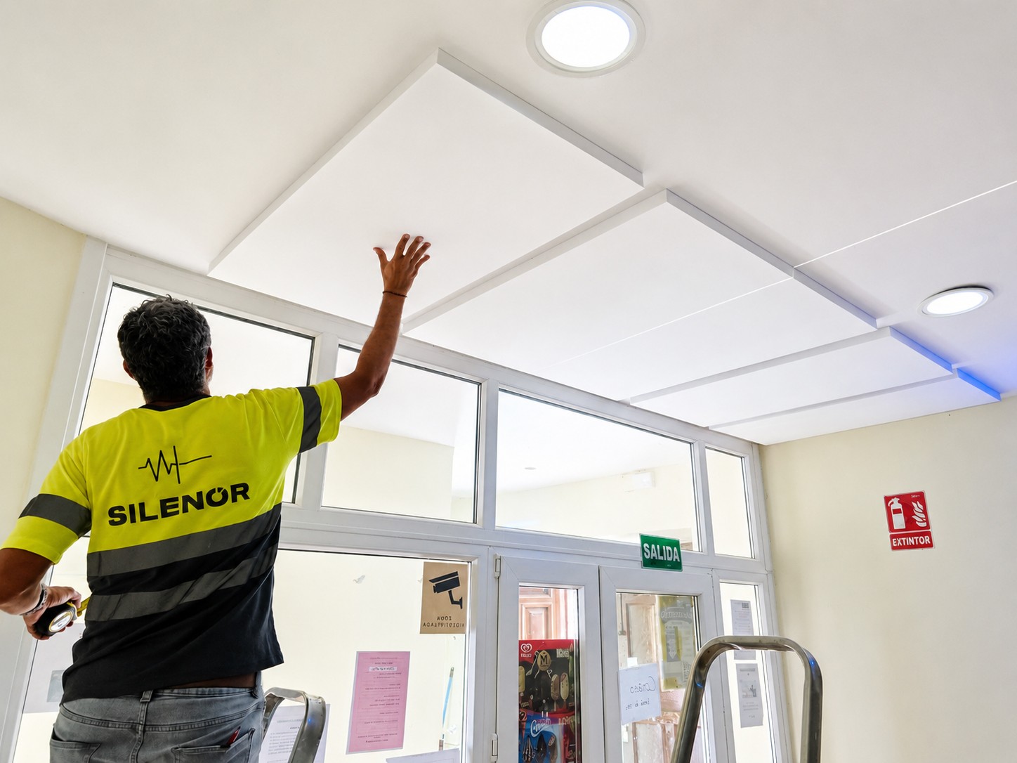 T&eacute;cnico de SILENOR instalando un panel ac&uacute;stico en falso techo