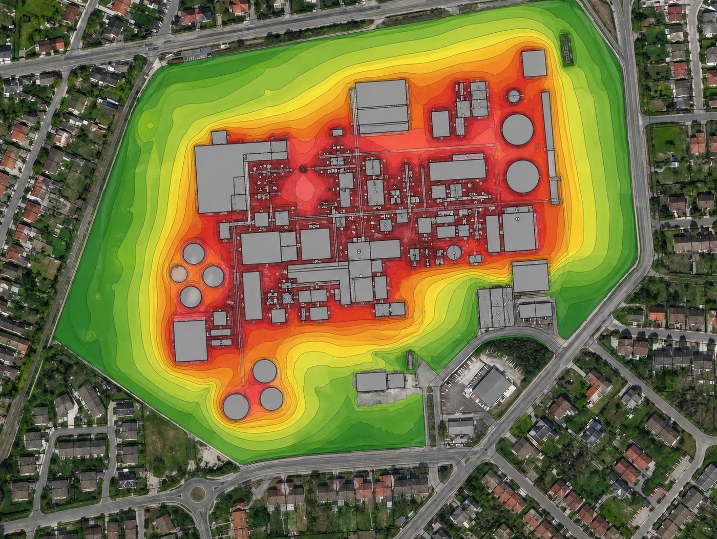 Mapa de ruido ambiental generado por simulaci&oacute;n ac&uacute;stica sobre vista a&eacute;rea de planta industrial &mdash; proyecto SILENOR.