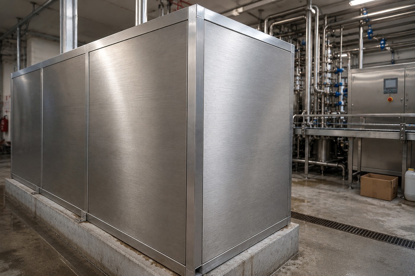 Pantalla ac&uacute;stica PHI en inox AISI 316 satinado instalada en entorno alimentario